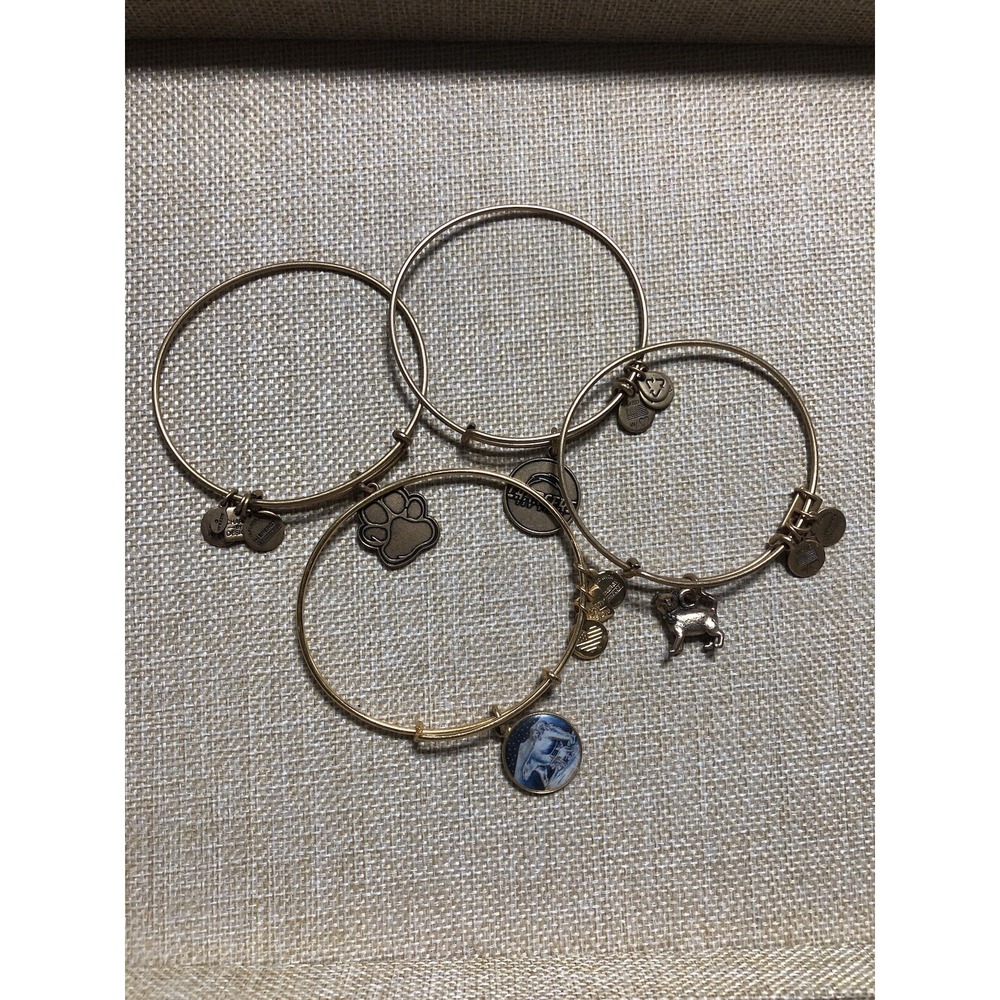 Set Of 4 Alex & Ani Gold Bangles Polar Bear, Chargers, Paw, & Cat Charms